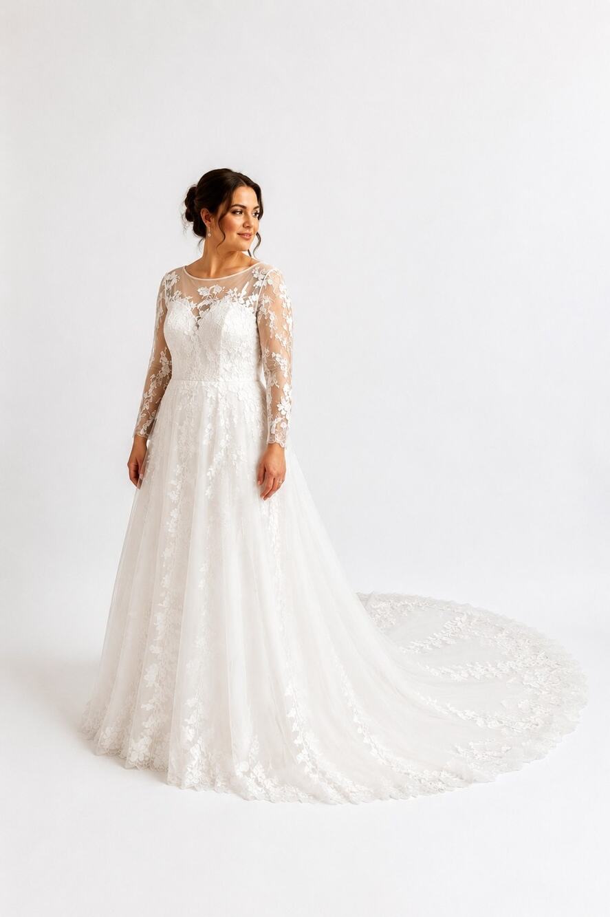 White Wedding Gown 20W Long Train Floral Lace Appliqué Bridal Dress Traditional